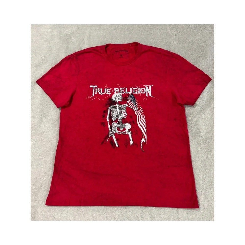True Religion Mens Red Acid Wash Skeleton Embroidered American Flag Shirt XL